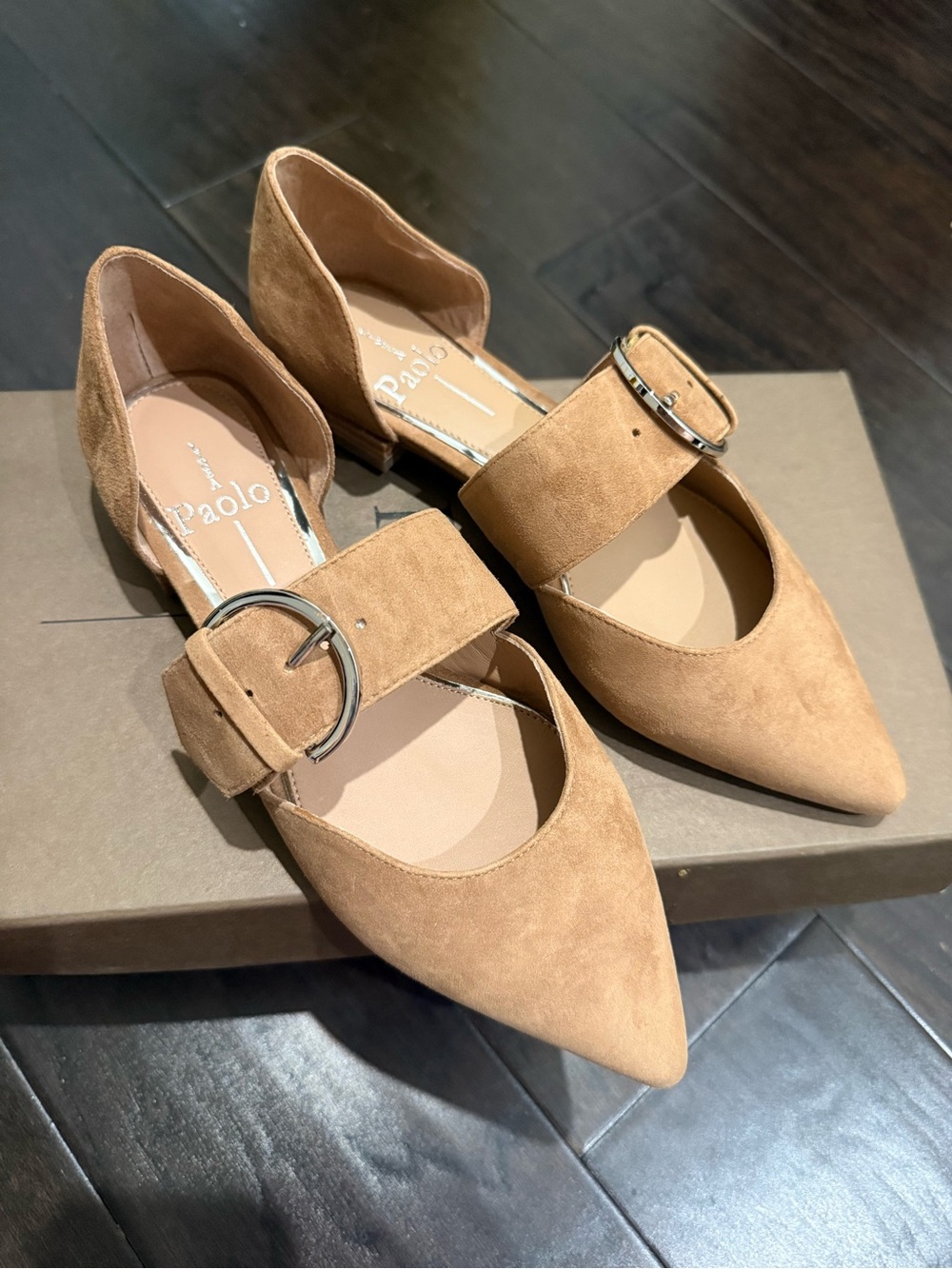 Línea Paolo Camel Suede Pointed D'Orsay Flats with Strap Buckle